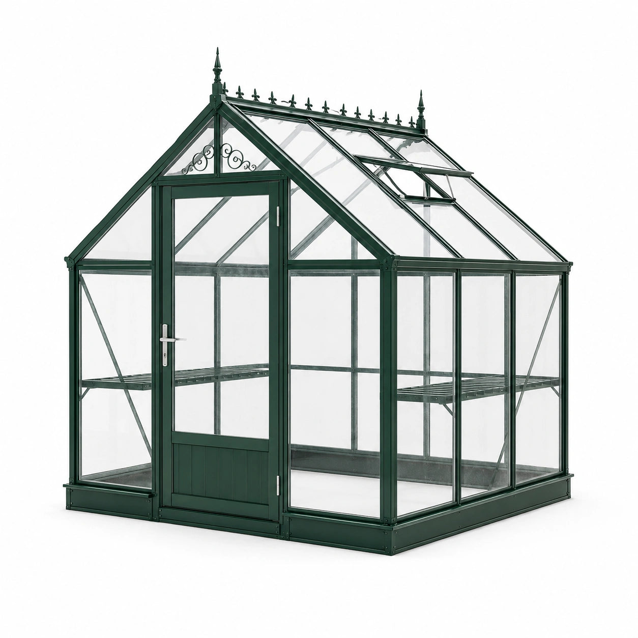 Gewächshaus im viktorianischen Stil, 190 × 190 × 220 cm, Dunkelgrün/Transparent, mit Dachfenstern und Ablagen