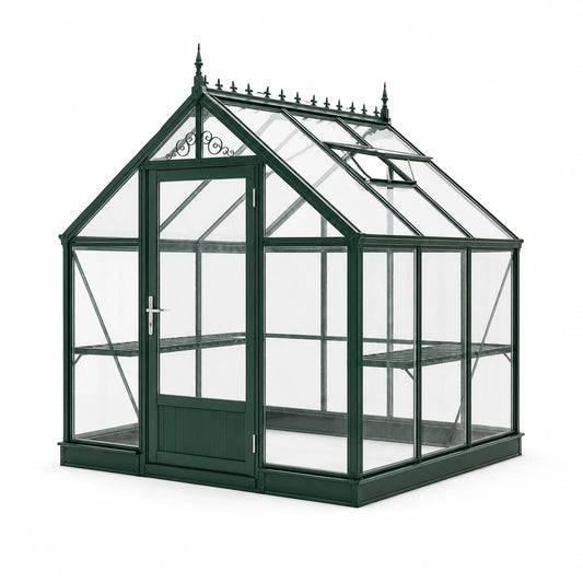 Gewächshaus im viktorianischen Stil, 190 × 190 × 220 cm, Dunkelgrün/Transparent, mit Dachfenstern und Ablagen