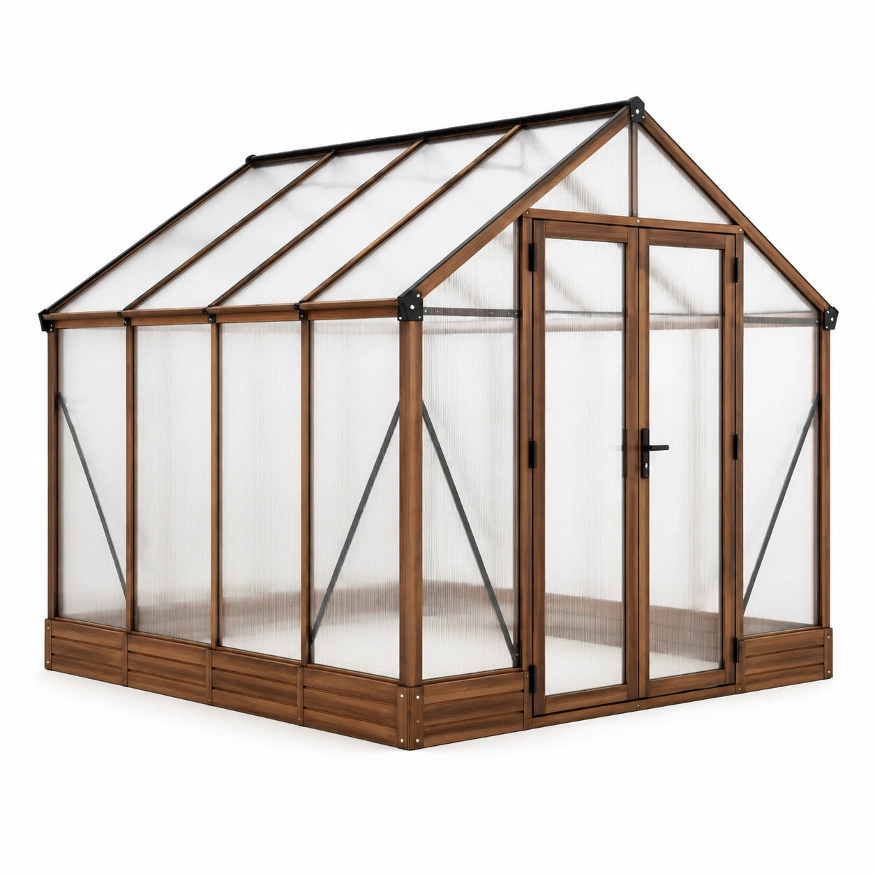 Gewächshaus aus Holz und Polykarbonat, 238 × 190 × 195 cm, Braun, Transparent und Schwarz, mit Giebeldach und Doppeltür