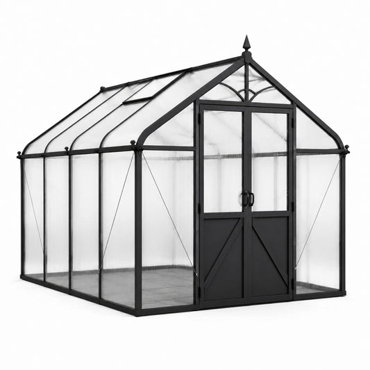 Gewächshaus aus schwarzem Aluminium und transparentem Polycarbonat, 244 × 183 × 213 cm, mit Doppeltür und Dachfenster