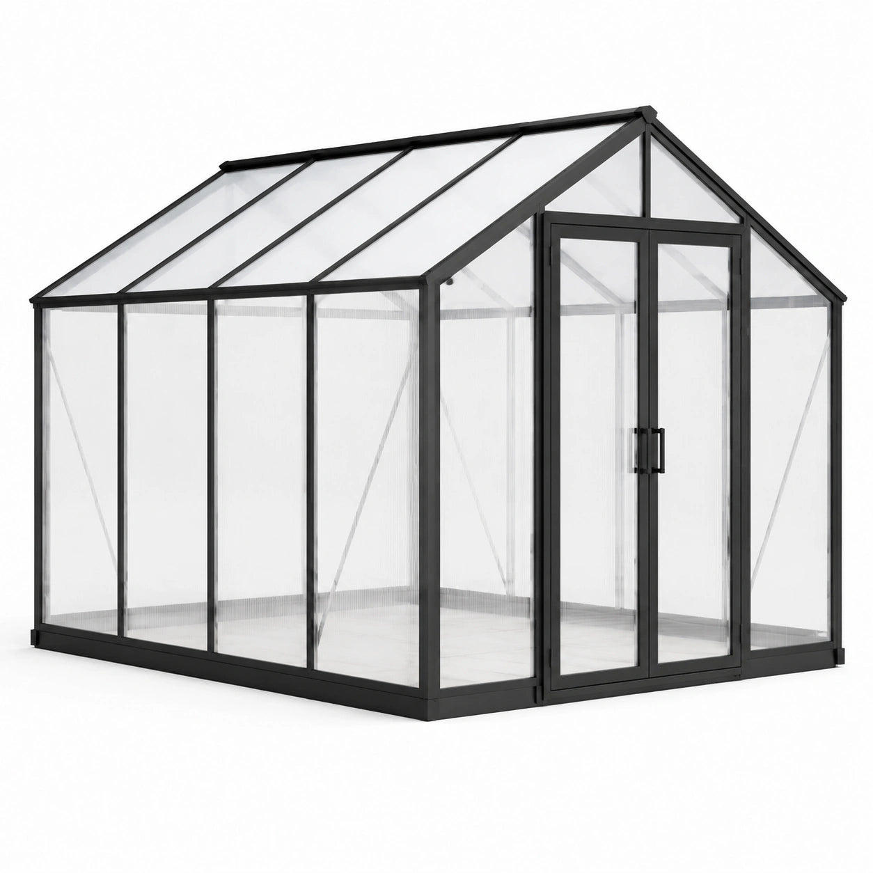 Gewächshaus aus Aluminium und Polycarbonat mit Doppeltür, 250 × 190 × 195 cm, Schwarz/Transparent