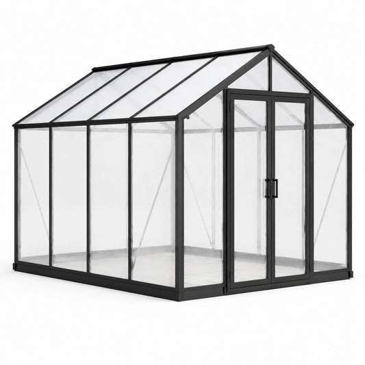 Gewächshaus aus Aluminium und Polycarbonat mit Doppeltür, 250 × 190 × 195 cm, Schwarz/Transparent