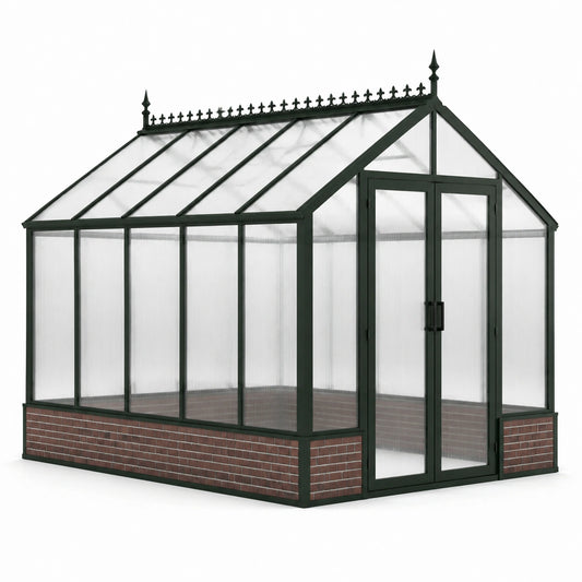 Gewächshaus 300 × 250 × 250 cm aus Aluminium und Polycarbonat, Dunkelgrün, Transparent und Rotbraun, viktorianischer Stil