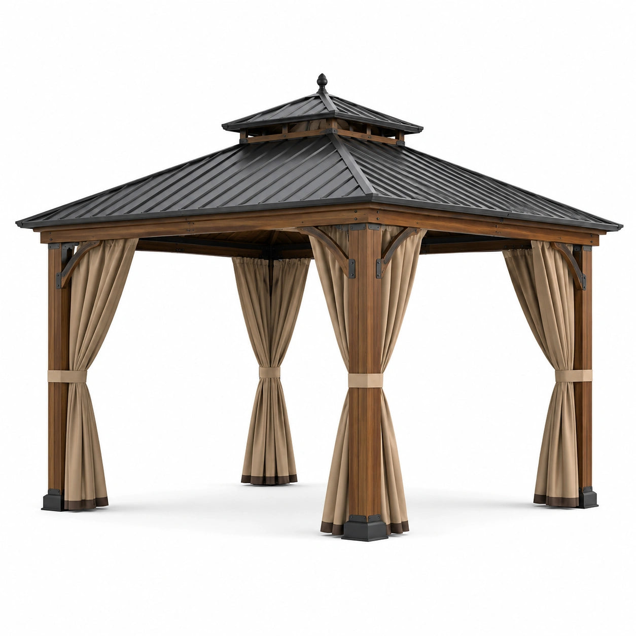 Gartenpavillon mit Holzgestell, Metalldach und Vorhängen, 365 × 365 × 310 cm, Braun/Anthrazit/Beige