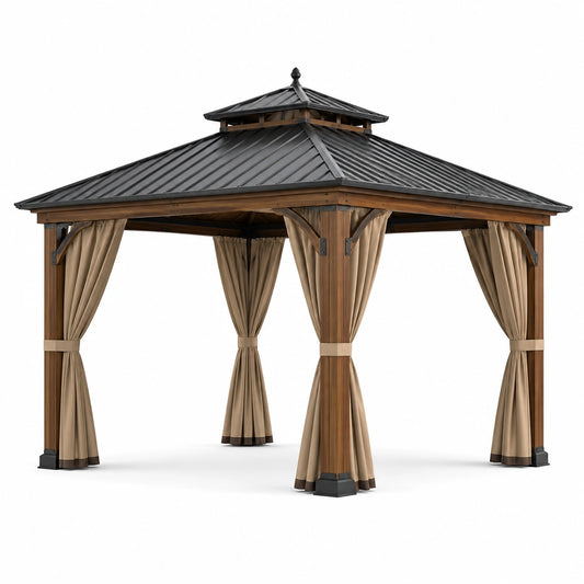 Gartenpavillon mit Holzgestell, Metalldach und Vorhängen, 365 × 365 × 310 cm, Braun/Anthrazit/Beige