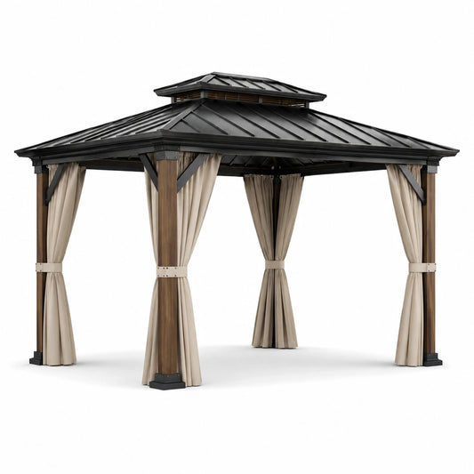 Gartenpavillon mit Holzrahmen, Metall-Hardtop und Vorhängen, 400 × 300 × 285 cm, Braun/Schwarz/Beige