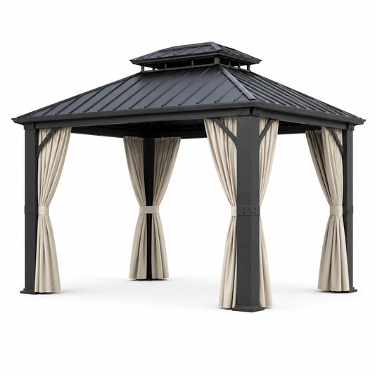 Gartenpavillon aus Metall mit festem Dach und Vorhängen, 300 × 300 × 280 cm, Dunkelgrau/Beige