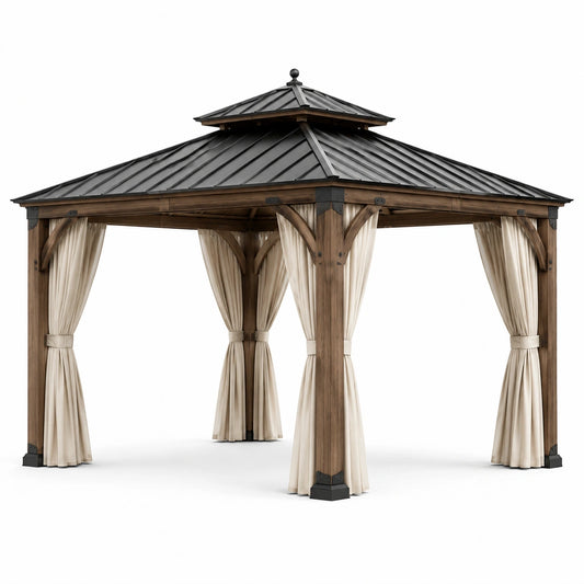 Gartenpavillon aus Holz mit Metalldach und Vorhängen, Braun/Anthrazit/Creme, 400 × 300 × 315 cm