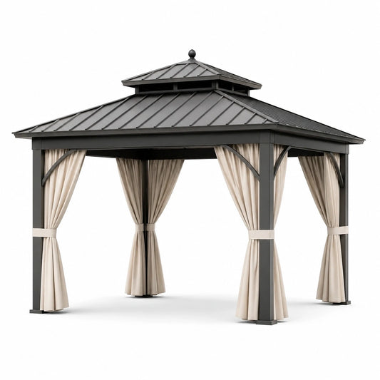 Gartenpavillon mit Festdach und Vorhängen, 400 × 300 × 280 cm, Anthrazit und Beige
