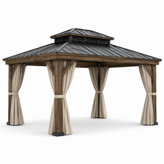 Gartenpavillon aus Holz und Metall mit Seitenvorhängen, 400 × 300 × 290 cm, Braun/Anthrazit/Beige