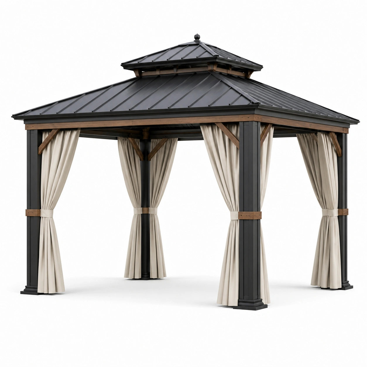 Gartenpavillon mit Doppeldach und Vorhängen, 300 × 300 × 290 cm, Anthrazit/Braun/Beige