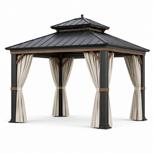 Gartenpavillon mit Doppeldach und Vorhängen, 300 × 300 × 290 cm, Anthrazit/Braun/Beige