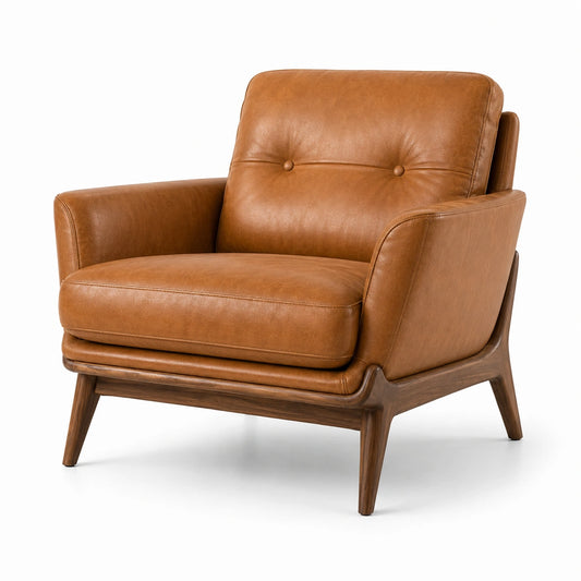 Retro-Sessel in Cognacbraun mit dunkelbraunem Holzgestell, 82 × 86 × 82 cm