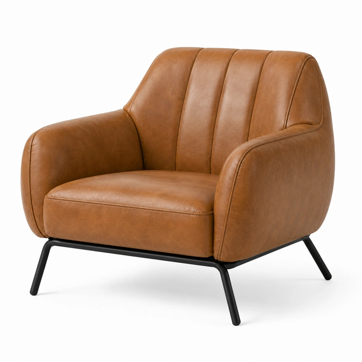 Moderner Loungesessel aus Kunstleder in Cognacbraun mit schwarzem Metallgestell, 92 × 88 × 85 cm