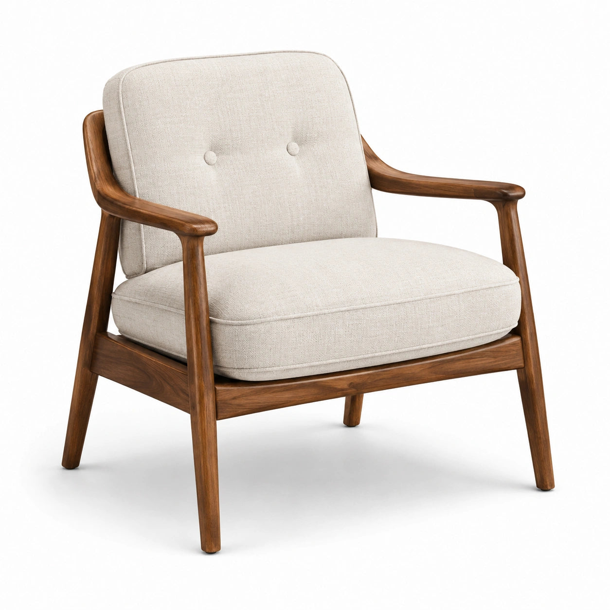 Mid-Century-Sessel mit Holzgestell und beigem Stoffbezug, 75 × 80 × 82 cm