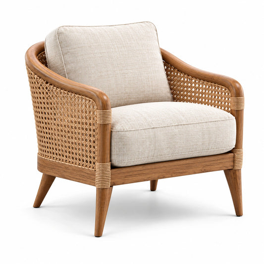 Gepolsterter Rattansessel mit Holzgestell, Beige und Braun, 78 × 82 × 84 cm, Boho-Stil