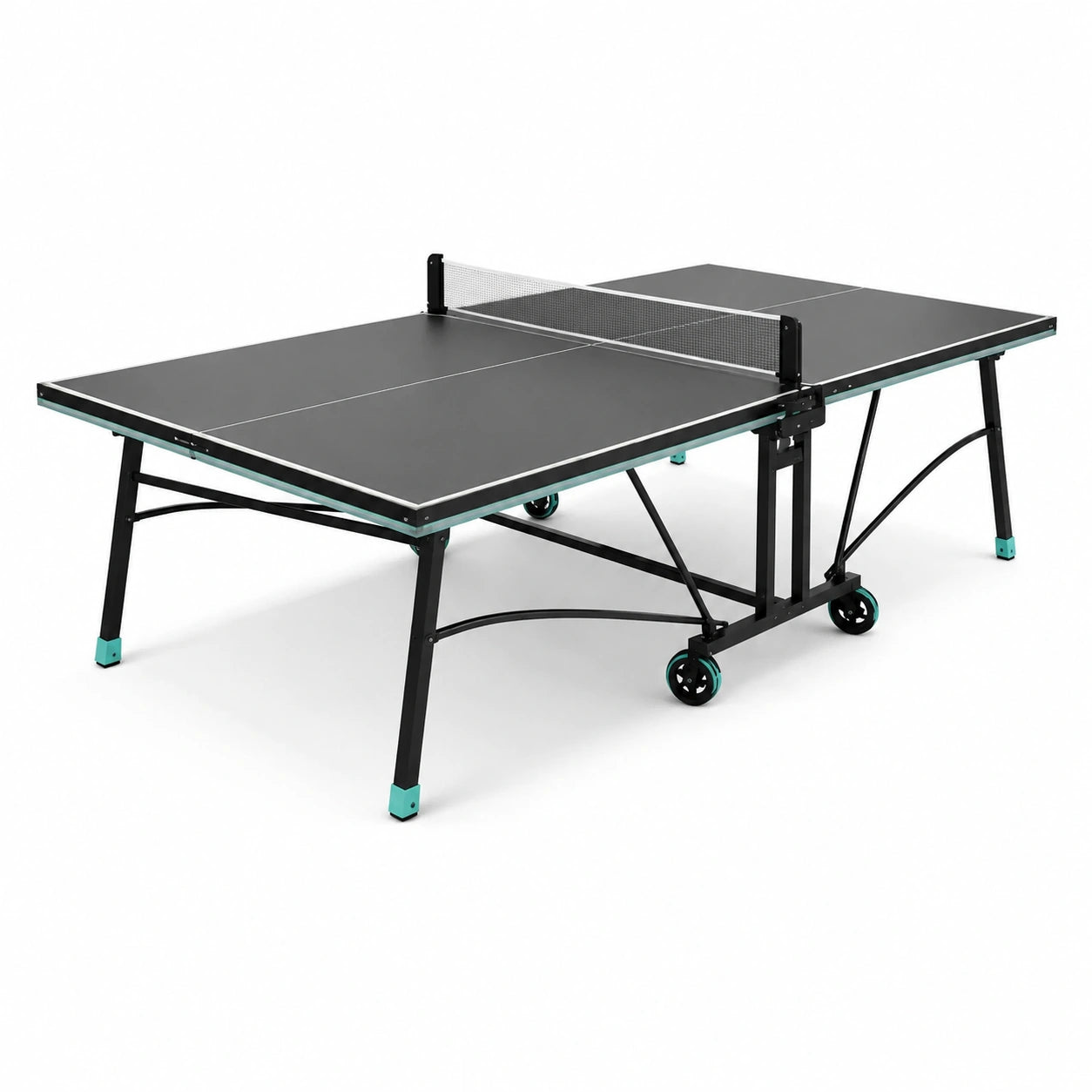 Klappbare Tischtennisplatte mit Netz und Rollen, 274 × 152,5 × 76 cm, Schwarz/Türkis/Weiß
