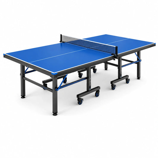 Klappbare Tischtennisplatte aus Holzwerkstoff und Stahl, Blau, 274 × 152,5 × 76 cm, mit Rollen und Netz