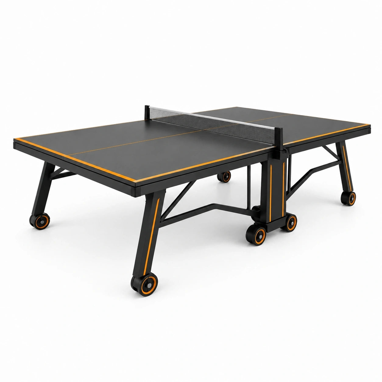 Klappbarer Tischtennistisch für den Innenbereich mit Netz und Rollen, 274 × 152,5 × 76 cm, Schwarz/Orange/Grau